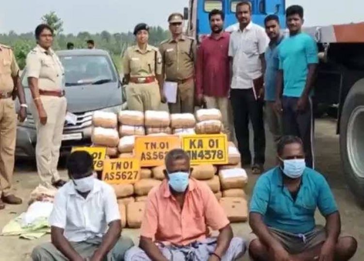 லாரிக்கு அடியில் ரகசிய அறை அமைத்து கஞ்சா கடத்தல்.! பின் தொடர்ந்து வந்த பா.ஜ.க பிரமுகரின் கார் அதிரடி காட்டிய போலீசார்