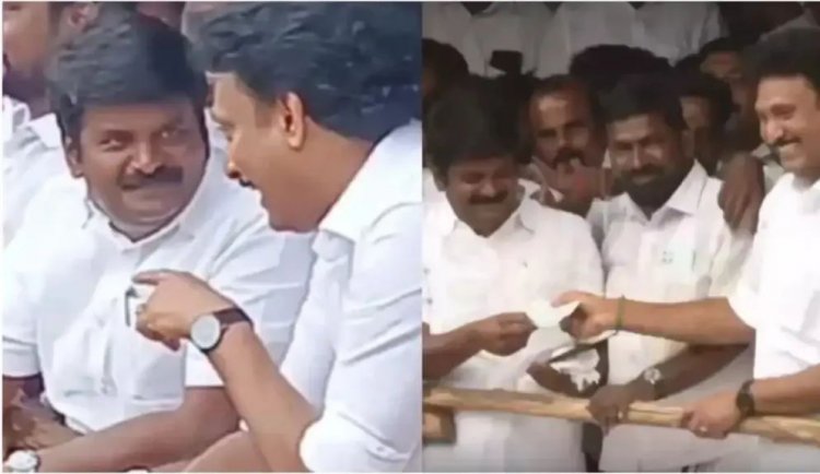 ஜல்லிக்கட்டில் வெற்றி பெற்ற அதிமுக முன்னால் அமைச்சரின் காளை.! பரிசு வழங்கிய திமுக அமைச்சர் அன்பில் மகேஷ்.!