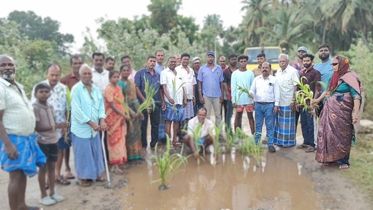 மரணக்குழியாக மாறியுள்ள சாலையை தரமான சாலையாக மாற்றிட வலியுறுத்தி கிராம மக்கள் சாலையில் நாற்று நடும் போராட்டம் .!.